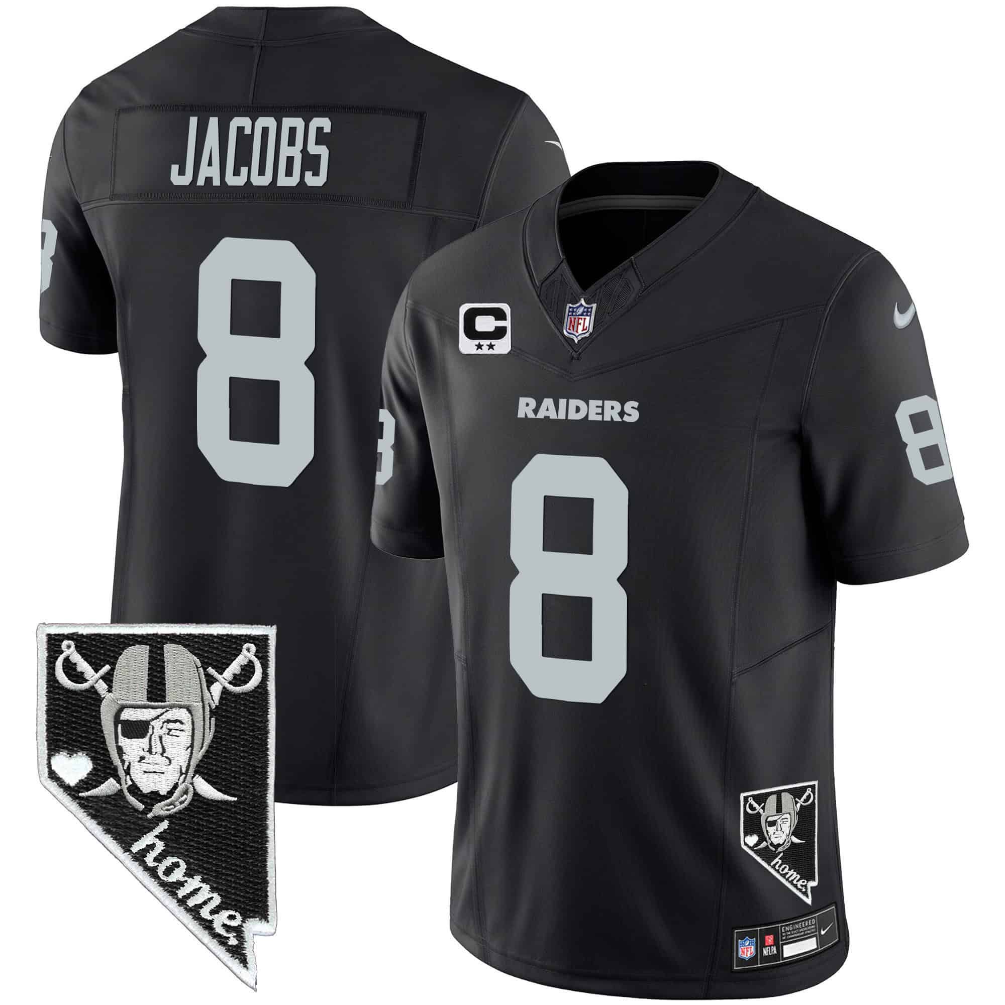 Men Oakland Raiders 8 Jacobs Black 2024 Nike Nevada Home Patch Vapor NFL Jersey style 1